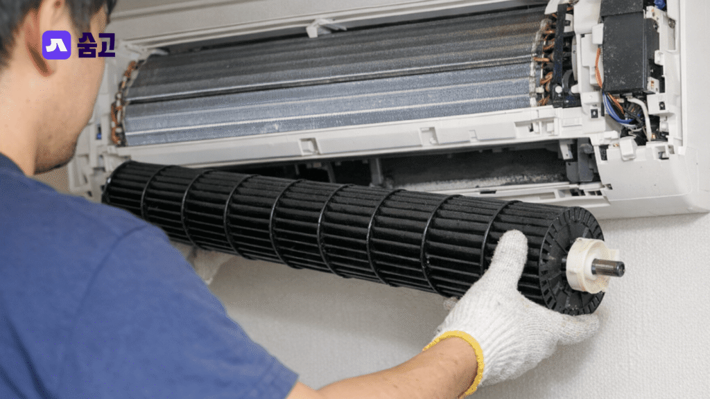 벽걸이 에어컨 청소를 위해 오염된 송풍팬을 분리하는 전문가의 손길