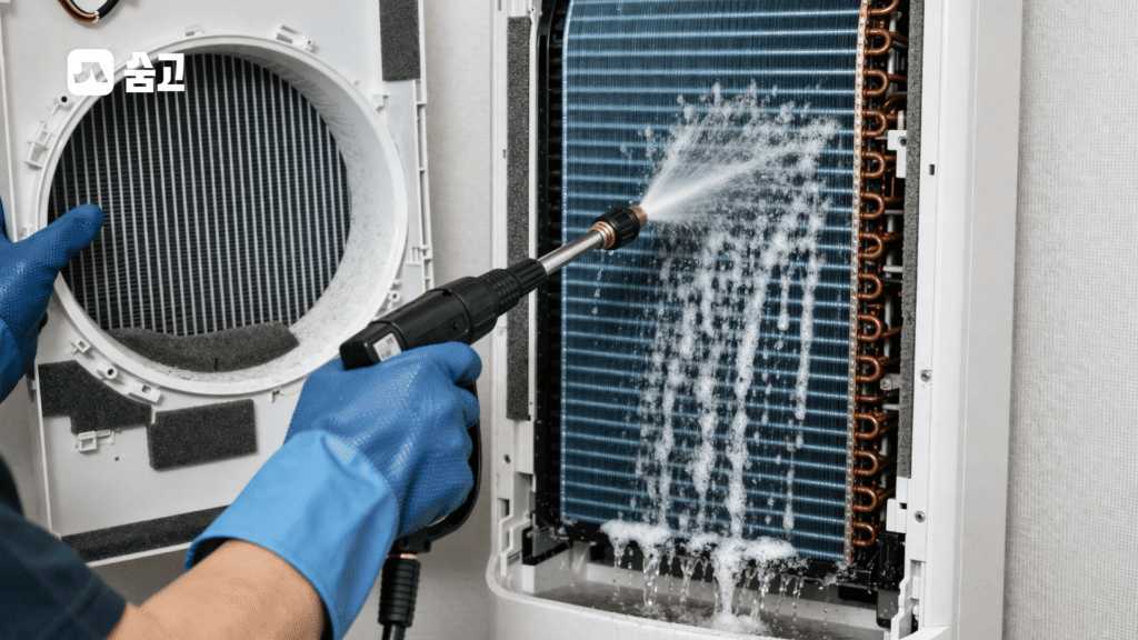 스탠드 에어컨 청소를 위해 냉각핀 사이의 먼지를 고압수로 세척하는 장면