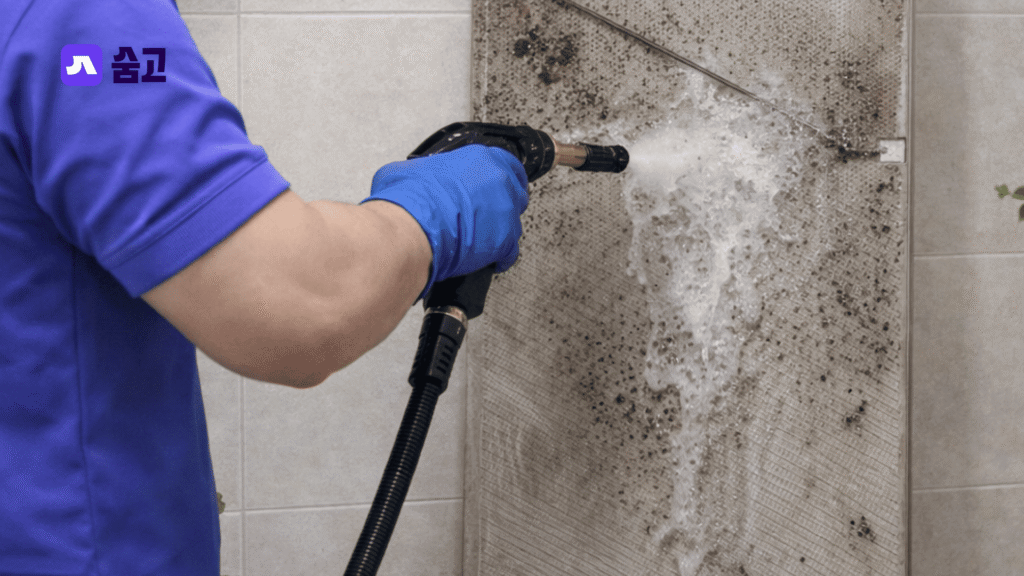 무풍 에어컨 청소 과정에서 필터의 곰팡이와 미세먼지를 씻어내는 모습