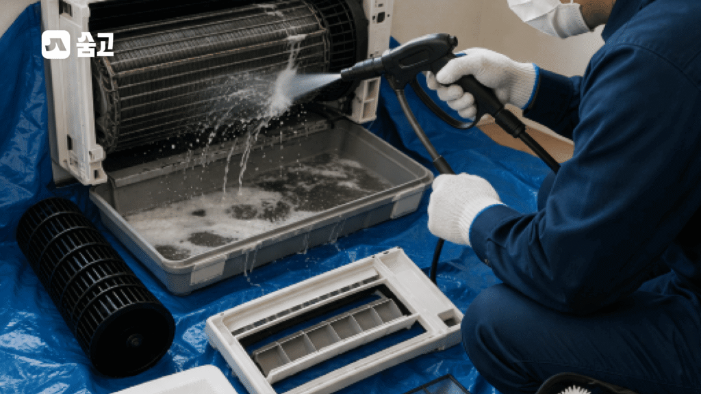 창문형 에어컨 청소 중 냉각핀에 고압수를 분사하여 살균하는 세척 공정