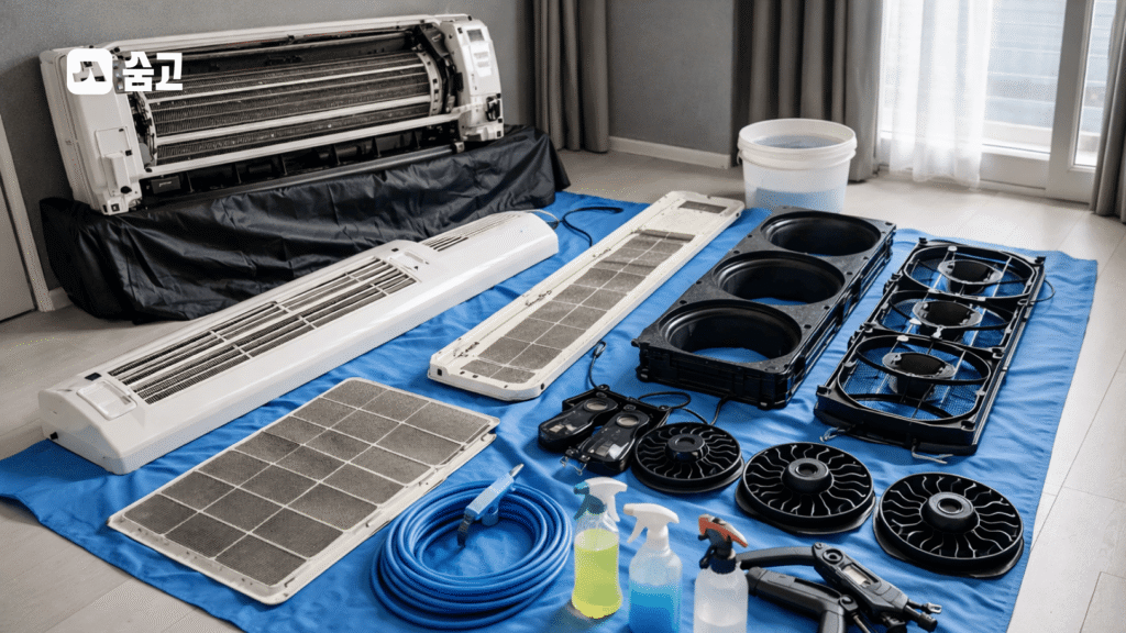 우리동네 에어컨 청소 업체가 분해한 부품들을 정렬해 놓은 세척 준비 현장