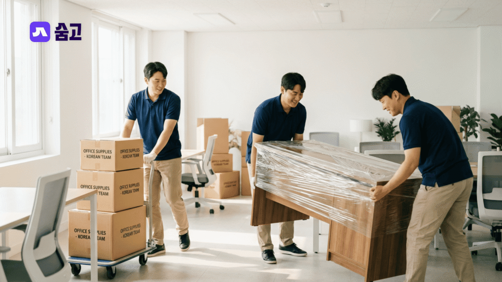 이사 준비 체크리스트에 맞춰 사무실 가구와 짐을 옮기는 전문 업체 직원들