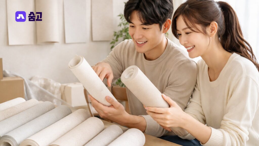 아파트 도배 시공 전, 여러 종류의 벽지들을 펼쳐놓고 고르고 있는 신혼부부의 모습