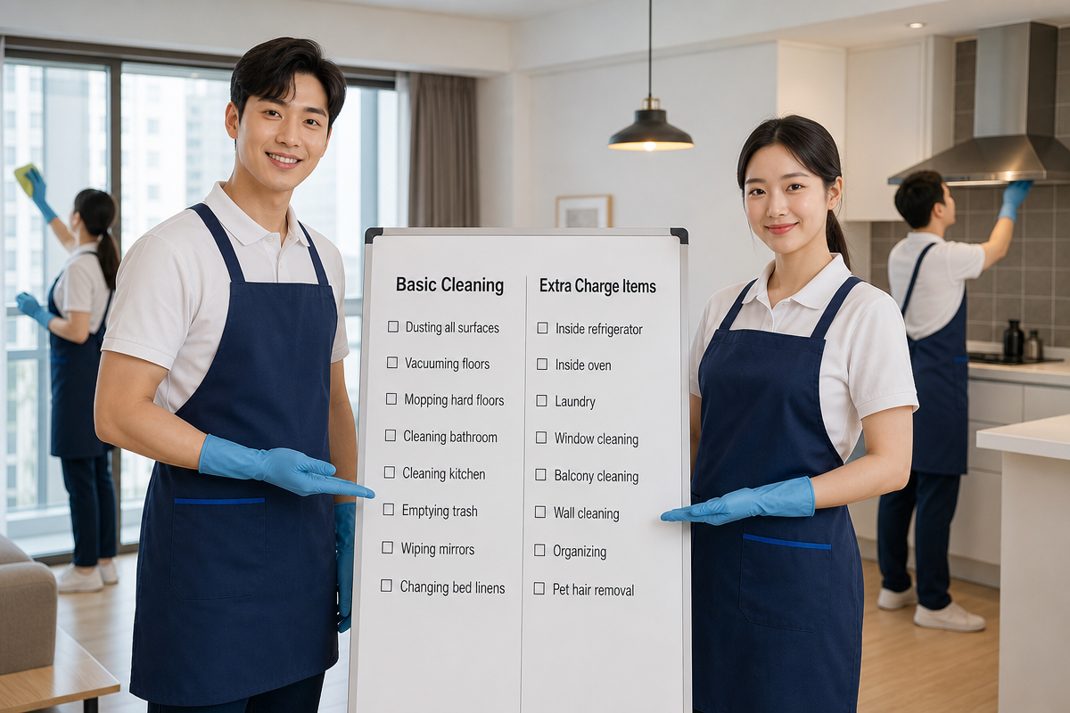 청소 전문가가 기본 청소와 추가요금 항목을 비교표로 정리하며 창문과 주방 후드를 청소하는 대전입주청소 장면