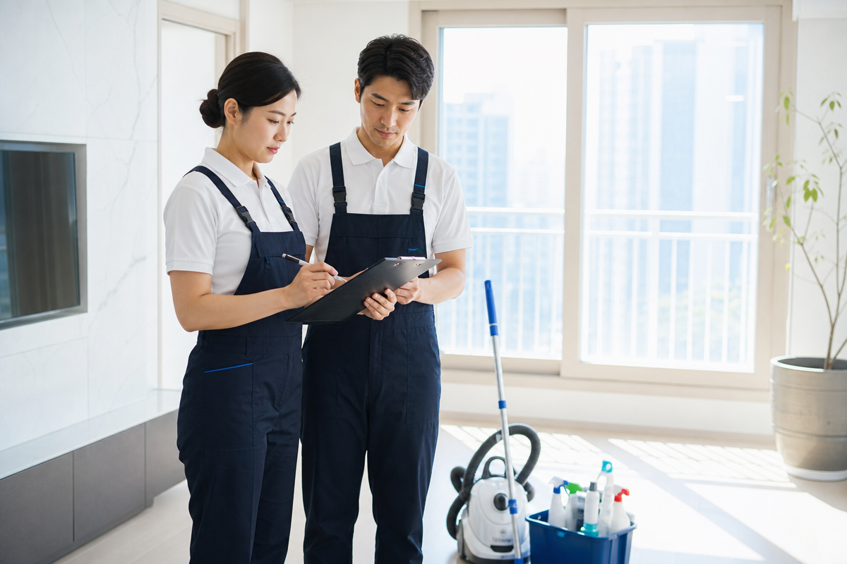 새 아파트 거실에서 체크리스트를 확인하며 부산입주청소 기준을 점검하는 청소 전문가들의 모습