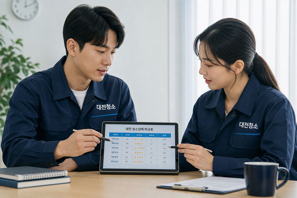대전입주청소 업체 비교표를 보며 조건을 검토하는 두 청소 전문가 모습