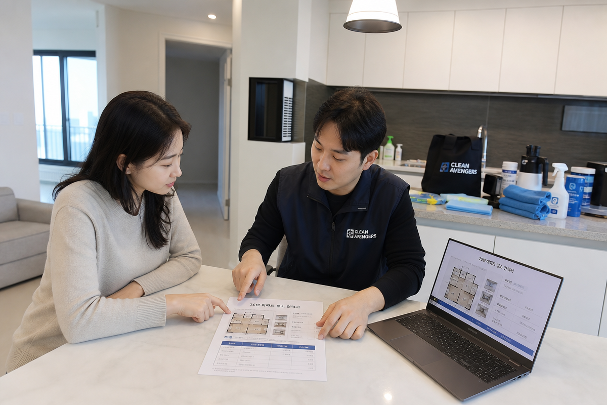 주방 테이블에서 청소 견적서를 함께 검토하며 부산입주청소 비용 구조를 비교하는 장면