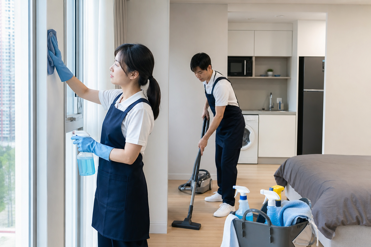 원룸입주청소비용 설명용 이미지로, 두 청소 전문가가 원룸 창문과 바닥을 청소하는 모습