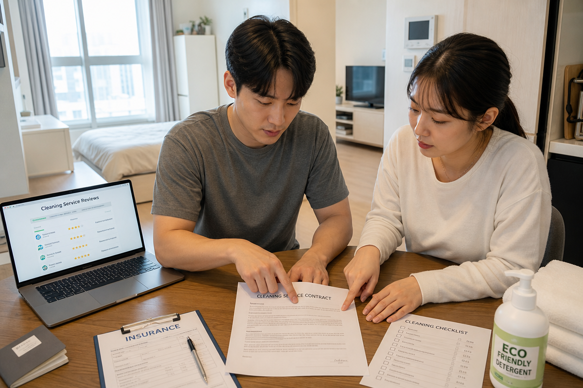 원룸입주청소비용 계약 전 체크리스트를 검토하며 청소업체 후기와 보험, 환불 정책을 확인하는 장면