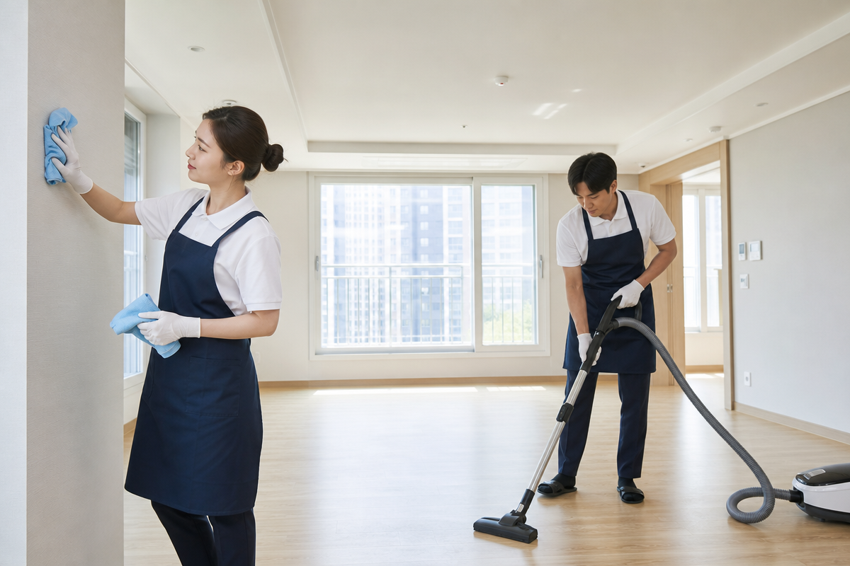 새 아파트 실내에서 전문 청소팀이 시멘트 분진을 제거하며 광주입주청소의 필요성을 보여주는 장면