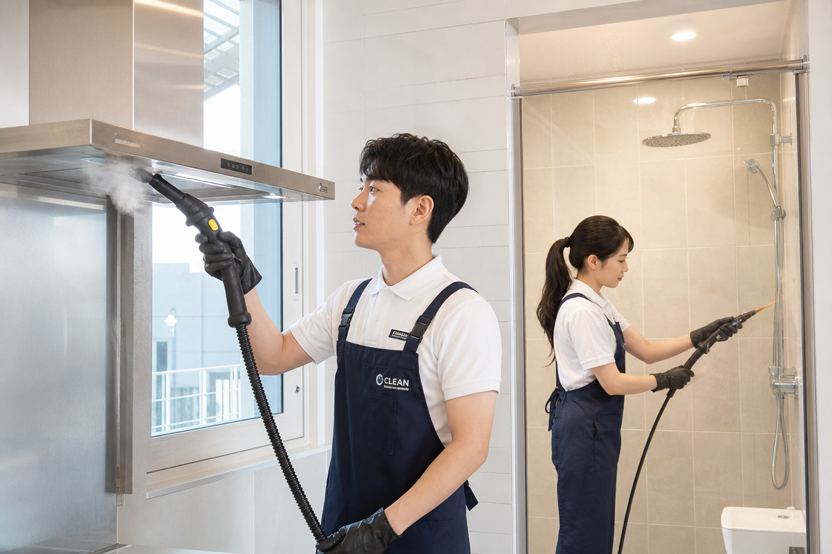 새 아파트 주방과 욕실을 스팀 장비로 청소하는 모습으로 광주입주청소 포함 항목을 표현한 이미지