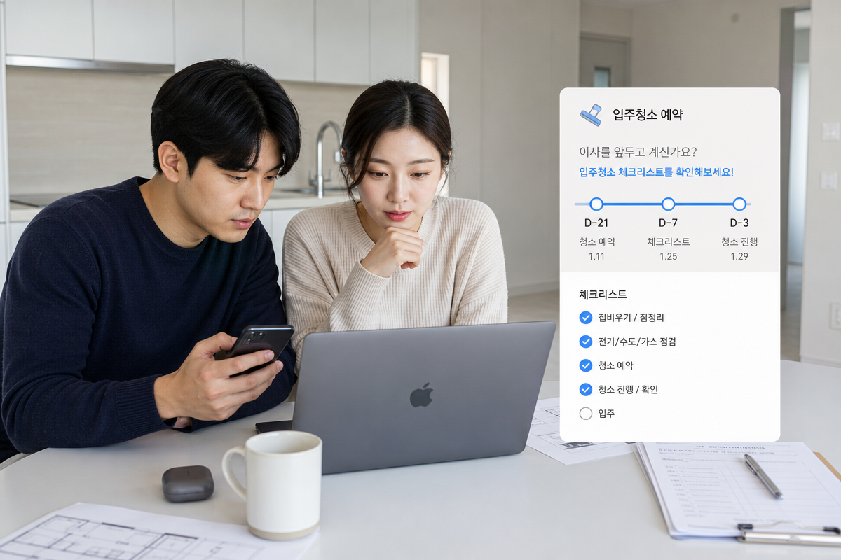 노트북으로 광주입주청소 예약 일정을 확인하며 준비사항 체크리스트를 점검하는 부부 모습
