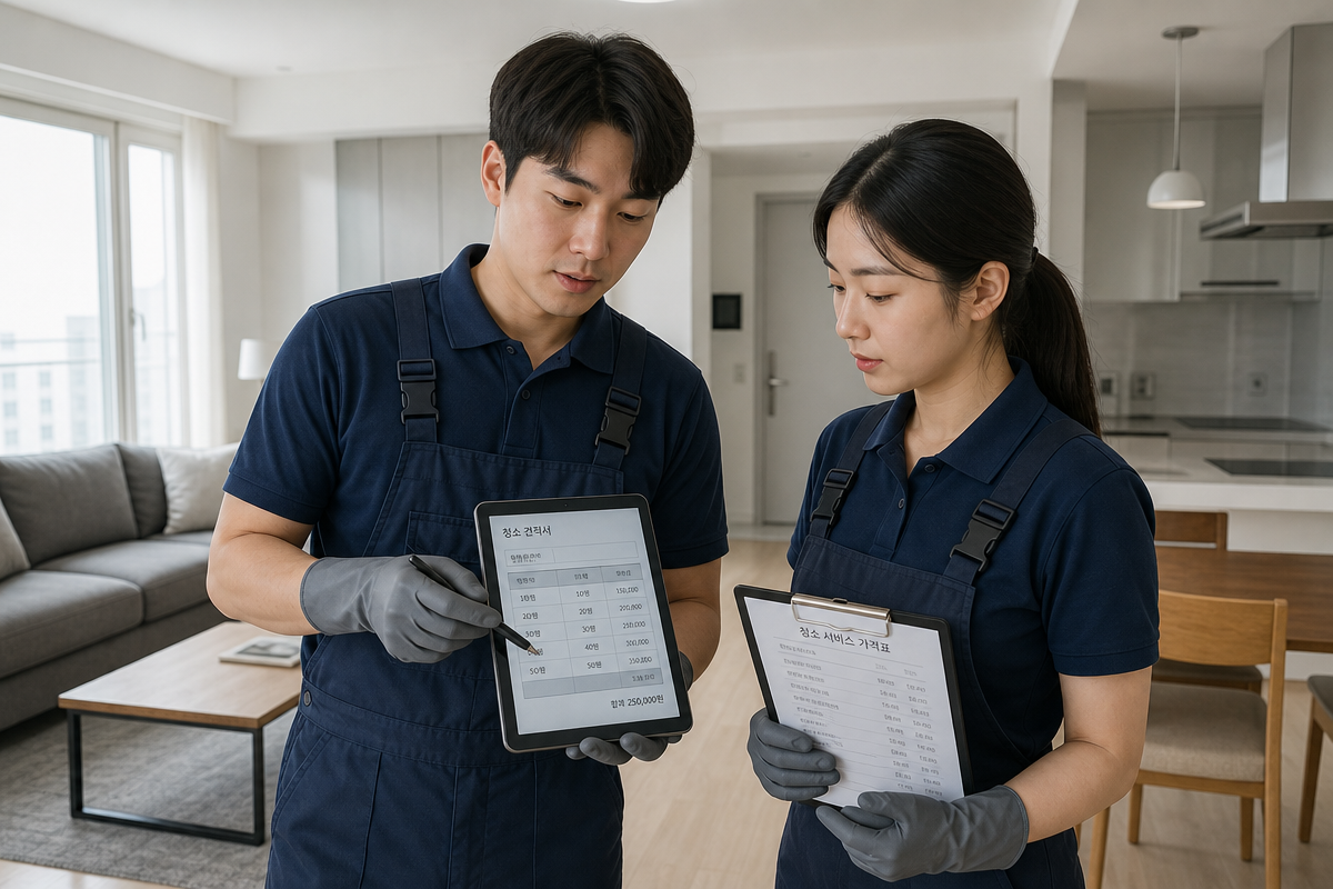 인천입주청소 비용 계산을 위해 청소 전문가가 태블릿과 서류를 보며 견적을 확인하는 모습