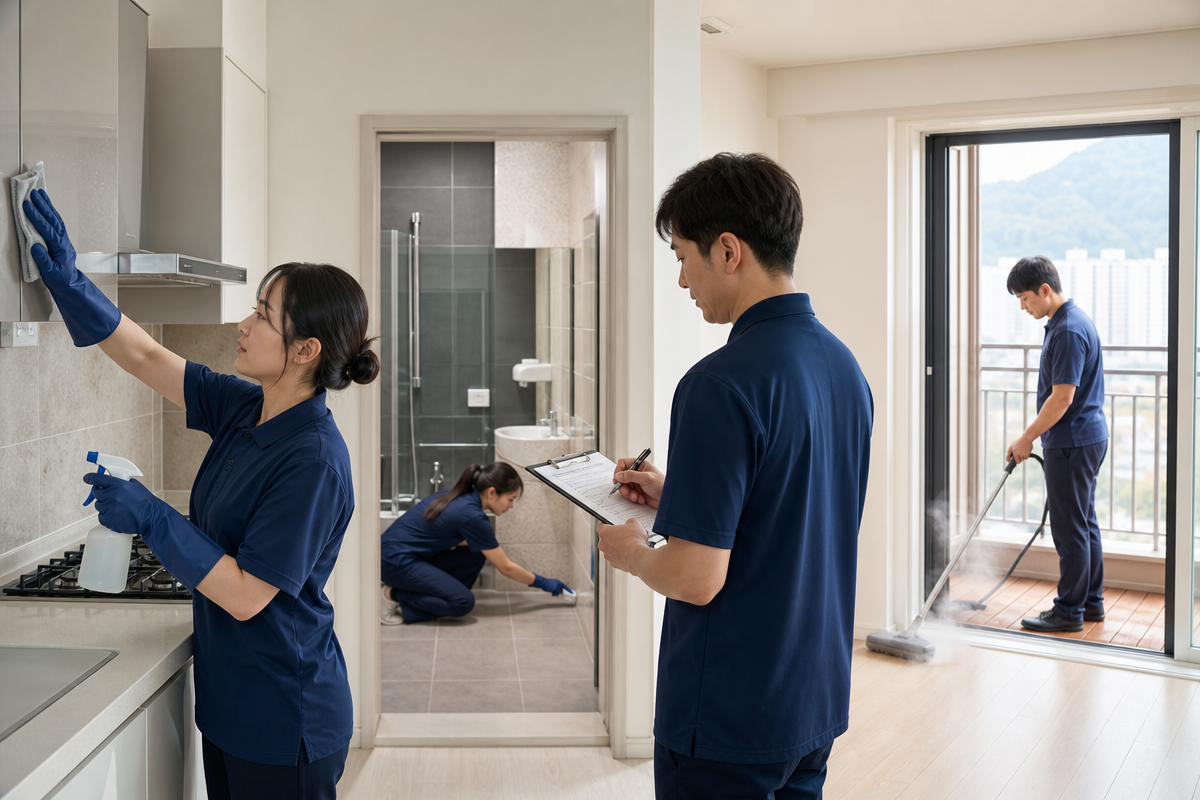 남양주입주청소 작업 현장으로 주방 후드 기름때 제거와 욕실 타일 청소, 베란다 스팀 청소가 동시에 진행되는 모습