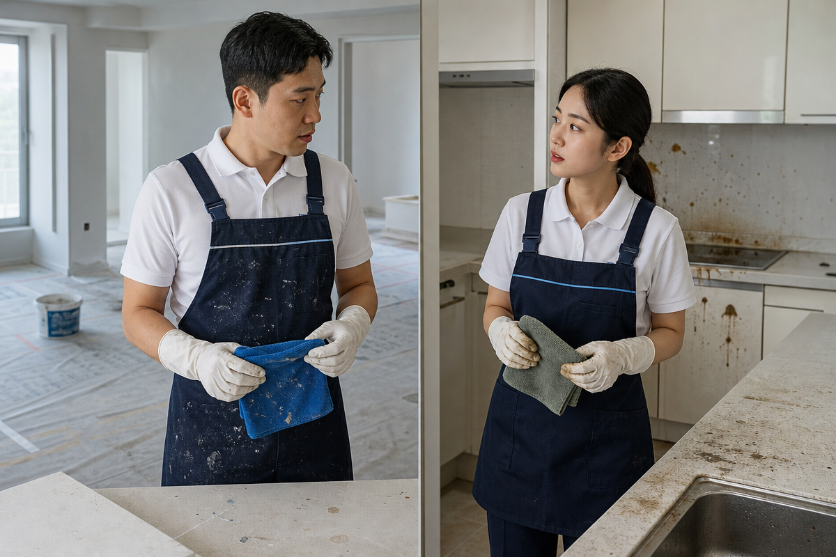 새집 공사 분진과 이사 후 생활 찌든때를 비교하며 부천입주청소 차이를 설명하는 모습