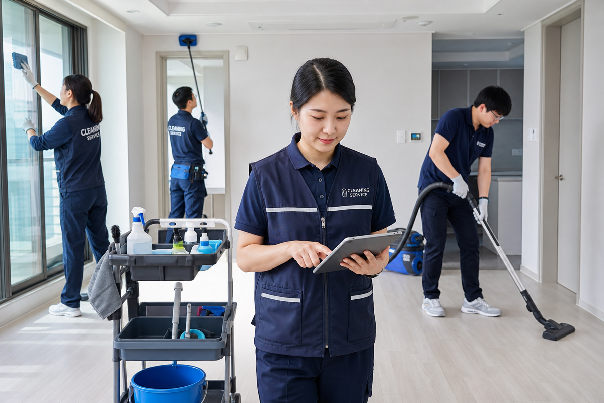 새 아파트 내부에서 전문 청소팀이 창문과 바닥을 청소하며 체크리스트를 확인하는 서울입주청소 작업 모습