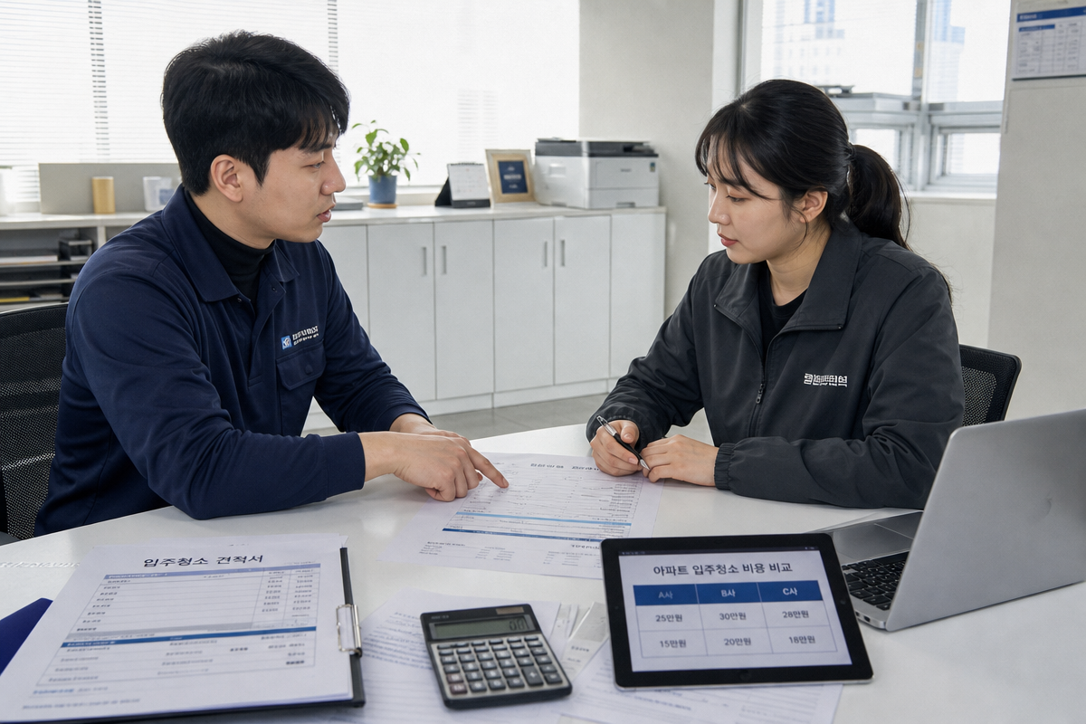 천안입주청소 가격 비교 상담 장면으로 견적서와 계산기를 보며 청소 비용 결정 요인을 설명하는 모습