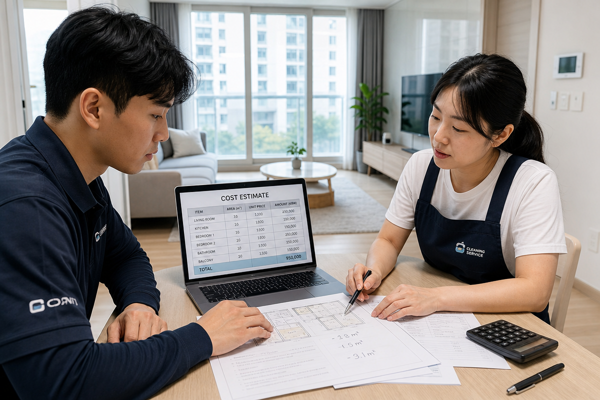 아파트 거실에서 청소 비용 시세표를 보며 견적을 계산하는 모습으로 원주입주청소 비용 비교 상황을 표현