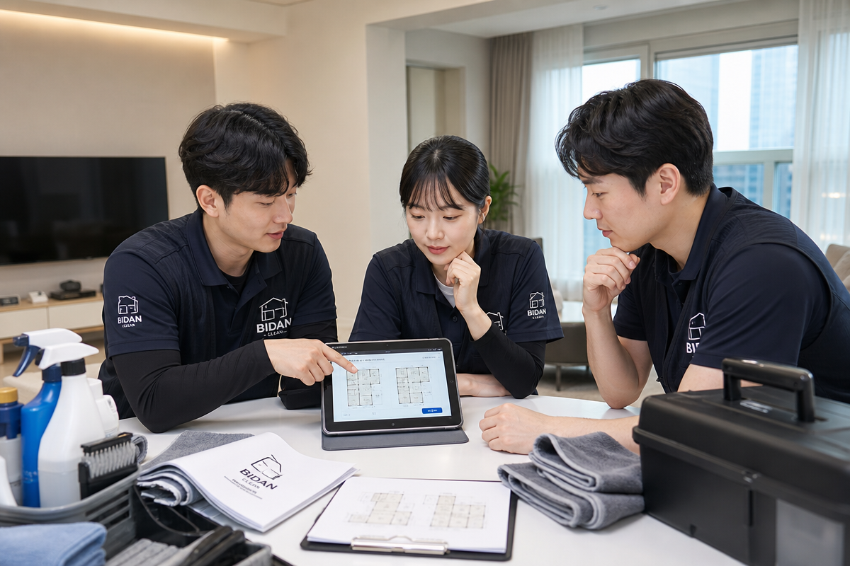 아파트 입주청소시간 비교표를 확인하며 청소 인력이 평형별 소요시간을 논의하는 장면