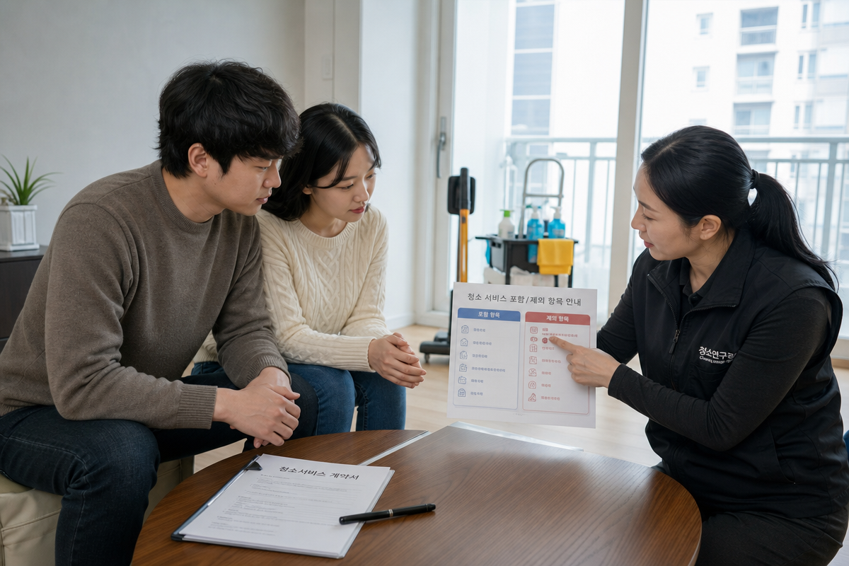 새 아파트 거실에서 청소 포함·제외 항목을 계약서로 확인하는 장면으로 분당입주청소 상담 모습