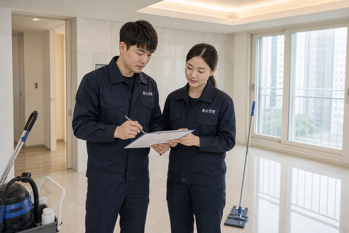새 아파트 거실에서 청소 계약서 체크리스트를 검토하는 청소업체 직원들 모습으로 인천입주청소 절차와 A/S 확인 과정을 보여줌