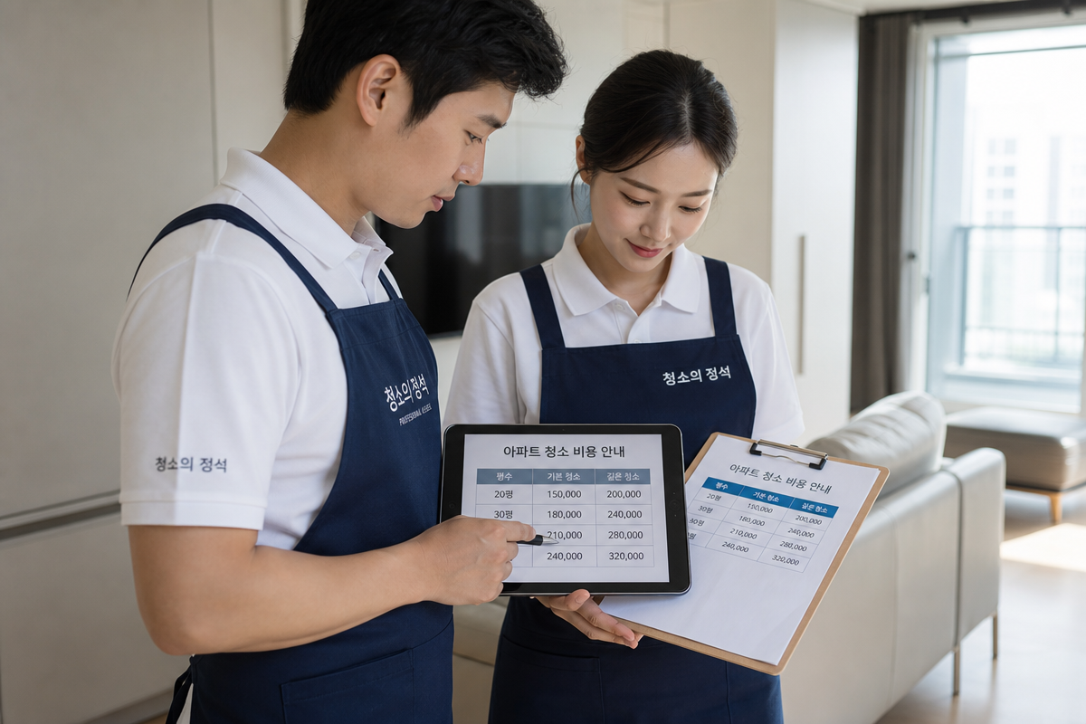 아파트 거실에서 입주청소비용 평수별 가격표를 보며 견적을 계산하는 청소 전문가 모습