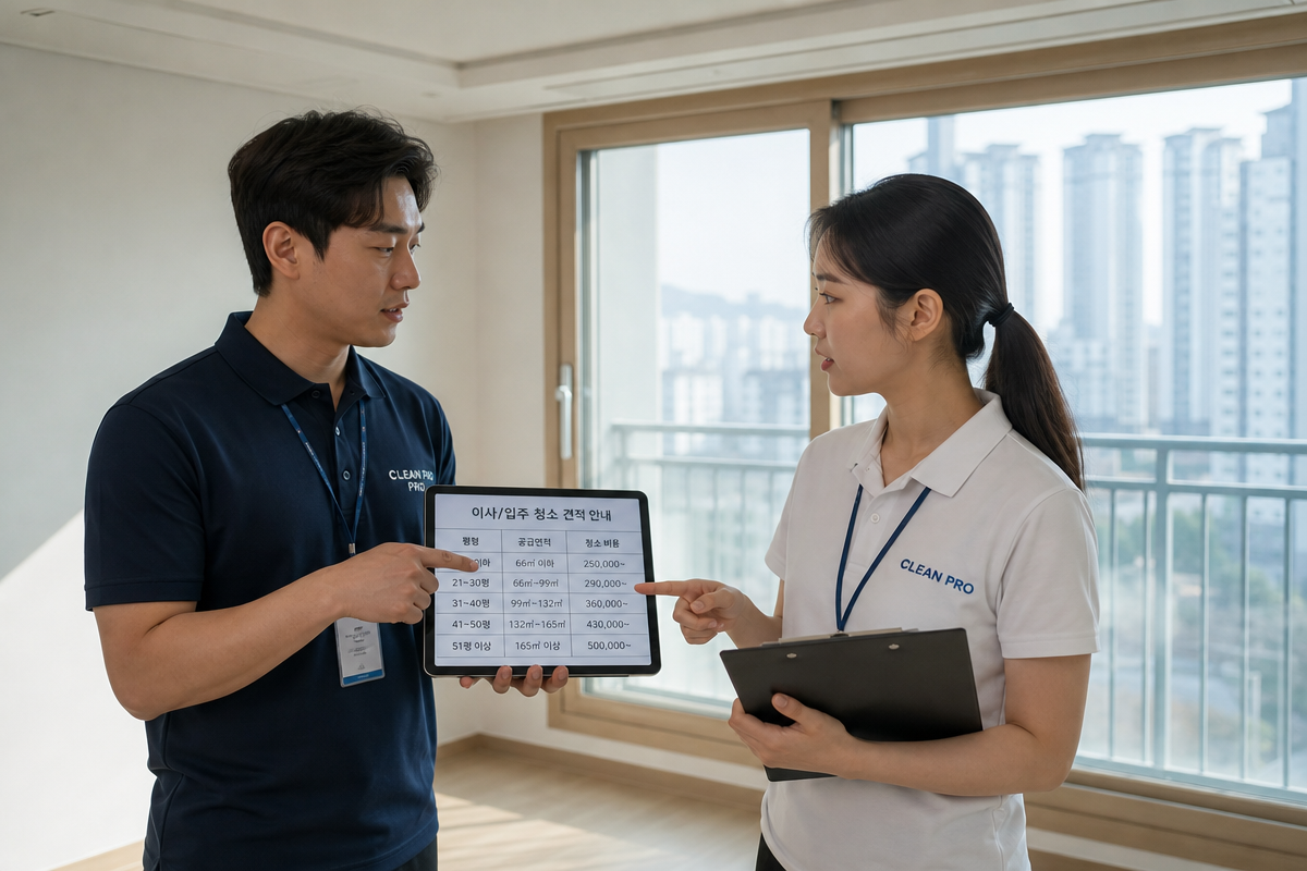 아파트 거실에서 입주청소 견적표를 함께 확인하며 평수별 부천입주청소 비용을 비교하는 모습