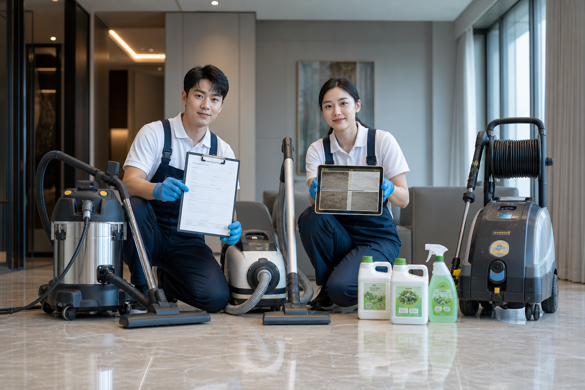 산업용 스팀기와 HEPA 진공청소기 등 전문 장비로 원주입주청소 품질 기준을 설명하는 현장 모습