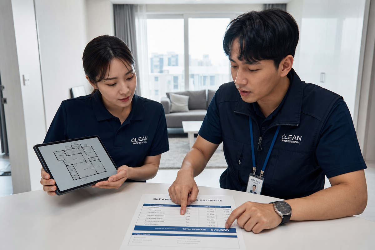 아파트 거실에서 입주청소 비용 견적서를 함께 검토하는 청소 전문가들의 모습