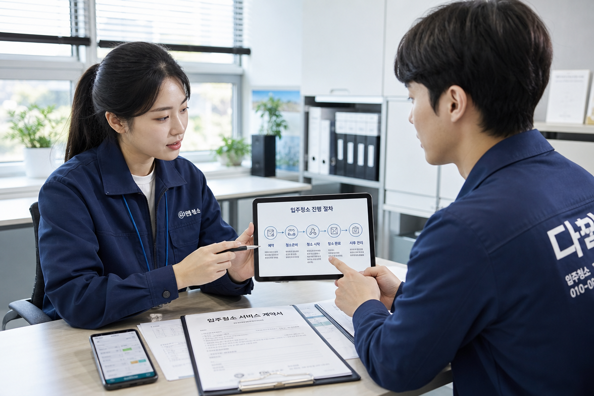 의정부입주청소 예약부터 A/S까지 절차를 상담하며 계약서와 일정표를 확인하는 장면