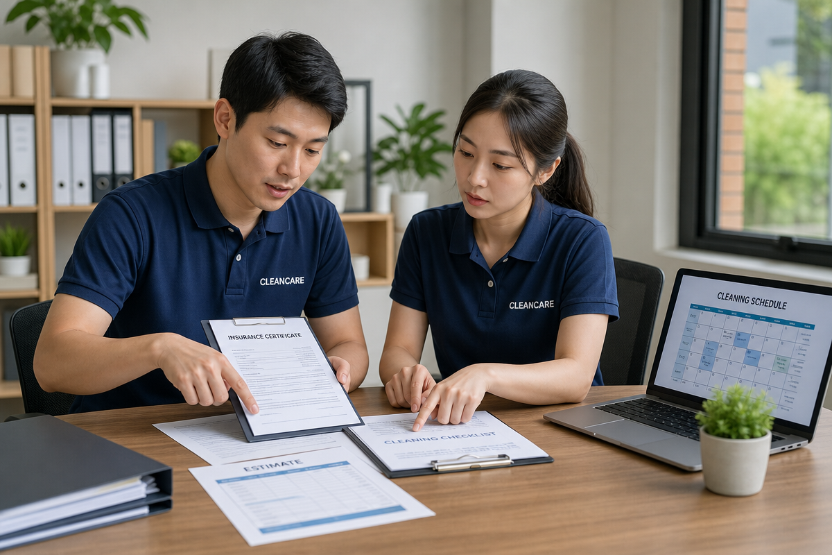 청주입주청소 견적 상담 장면으로, 두 청소업체 담당자가 문서와 노트북을 보며 신뢰성 검증 기준을 점검하는 모습