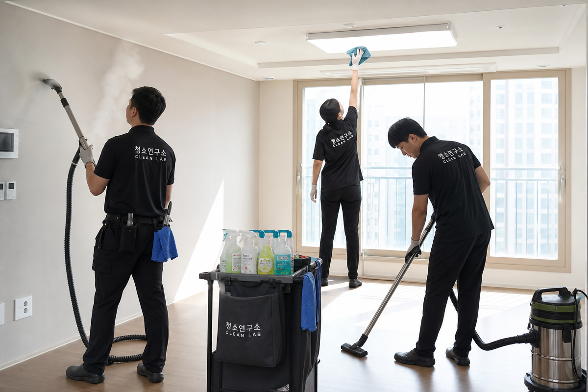 천장부터 벽, 바닥 순서로 강서구입주청소를 진행하며 스팀청소기와 친환경 세제를 사용하는 전문 청소 모습