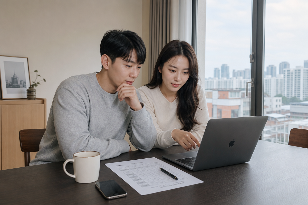 이사 전 부부가 노트북으로 원주입주청소 예약 시기를 확인하며 체크리스트를 작성하는 모습