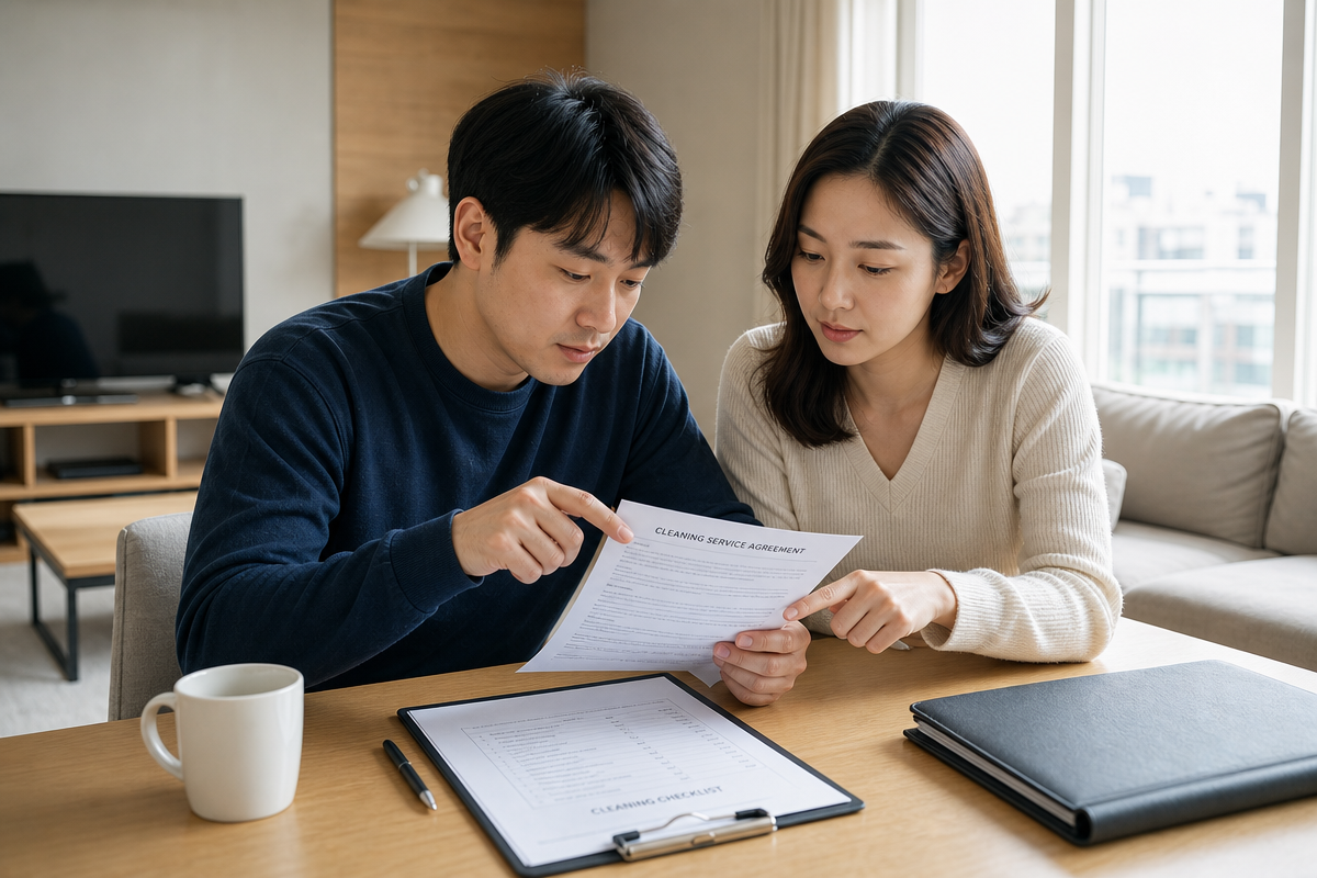 세종입주청소 계약 전 체크리스트를 검토하는 부부가 테이블 위 서류를 확인하는 장면