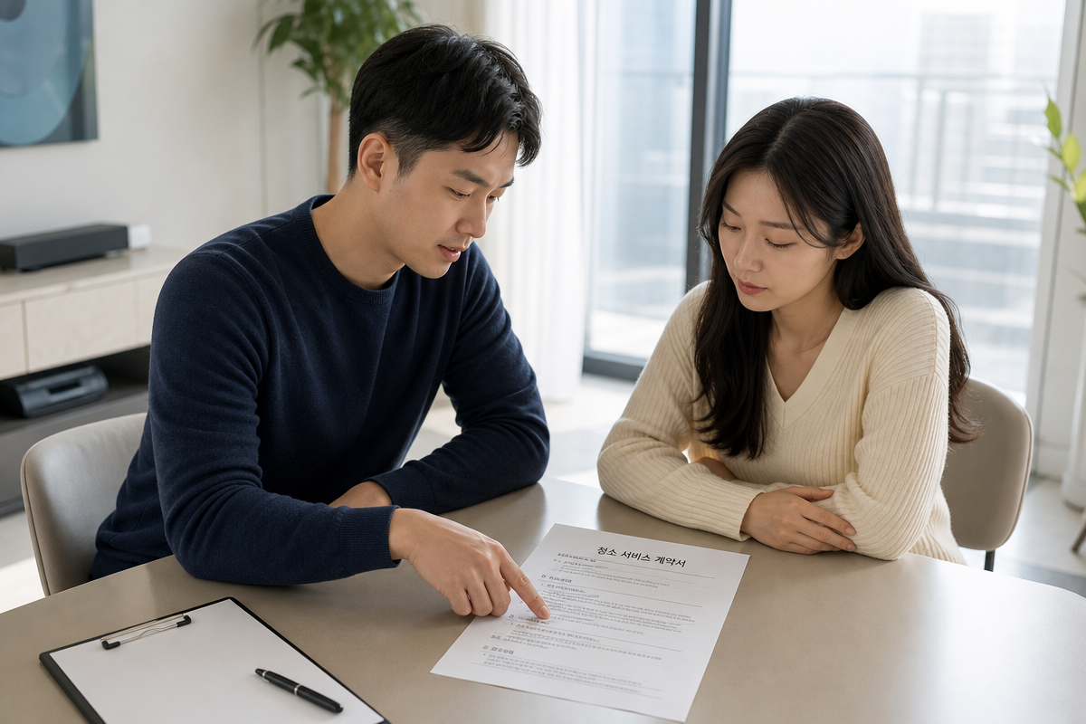 입주청소 계약서에서 AS 기간과 환불 조건을 함께 확인하는 장면으로 남양주입주청소 전 필수 점검 포인트를 보여줌