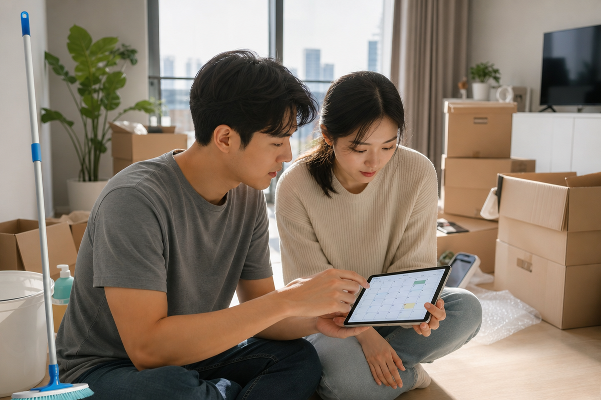 이사 일정과 입주청소 예약 시기를 조율하는 부부가 달력을 보며 아파트입주청소비용을 확인하는 장면