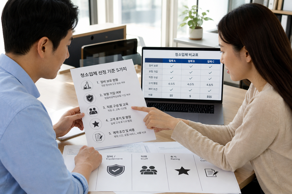 부천입주청소 업체 비교 기준표를 살펴보며 인원·장비·보증·후기 등을 점검하는 장면