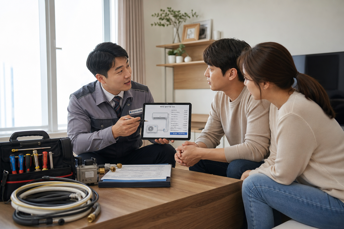 설치기사와 부부가 에어컨 설치비용 구성표를 보며 기본설치비 포함 항목을 설명받는 모습