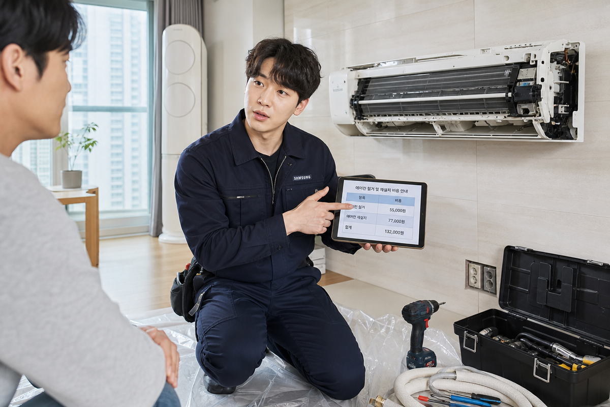 에어컨이전설치비용 설명을 위해 기사와 함께 벽걸이형 에어컨을 분해하며 비용 표를 보여주는 장면