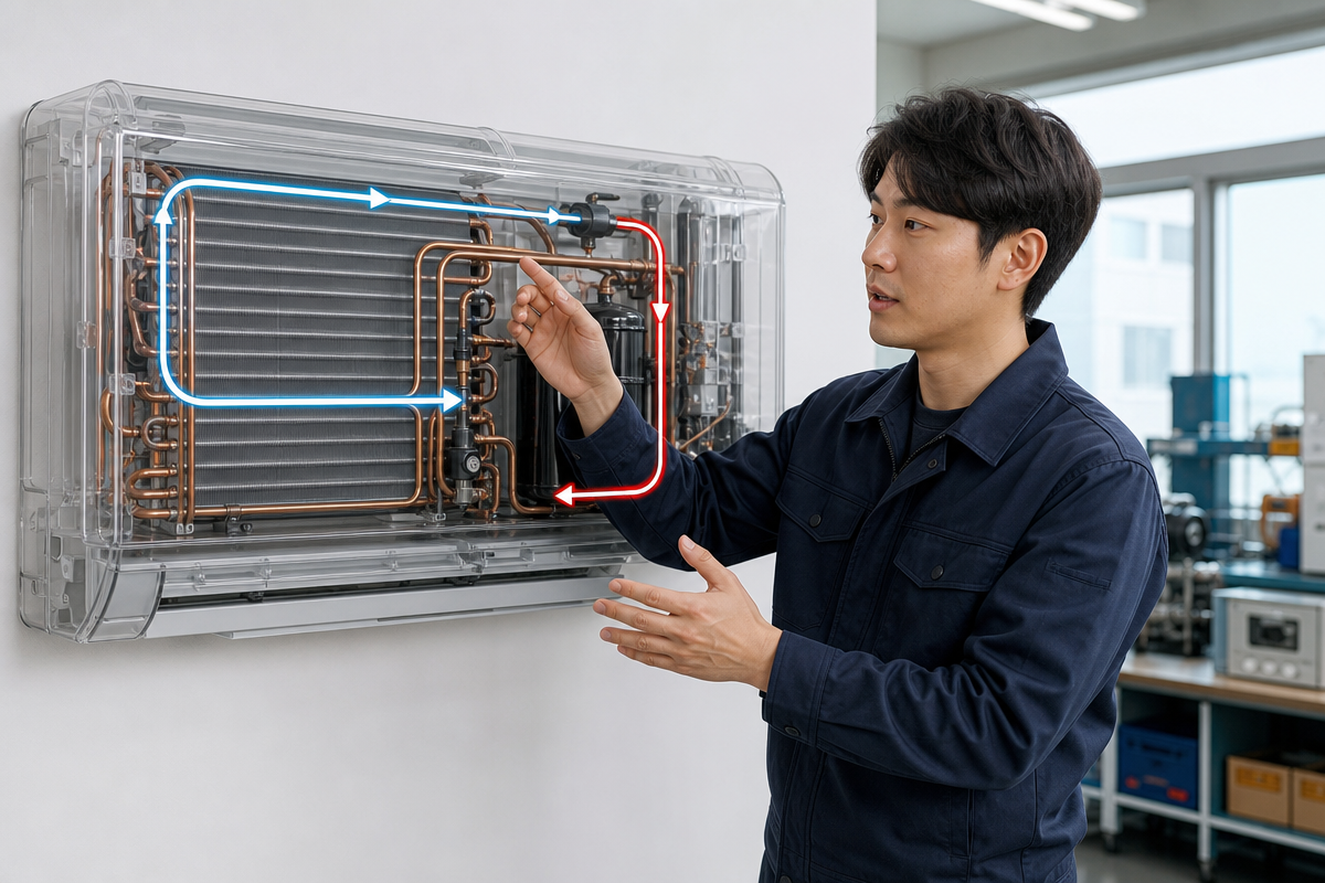 투명한 실내기와 배관을 통해 에어컨냉매가 기체와 액체로 순환하며 열을 옮기는 과정을 설명하는 기술자 모습