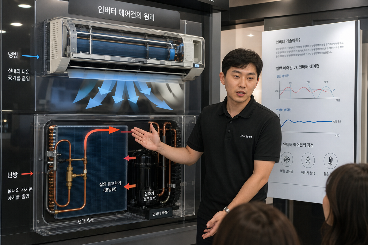 인버터 기술로 작동하는 캐리어냉난방기의 냉방·난방 전환 원리를 설명하는 기술자 모습