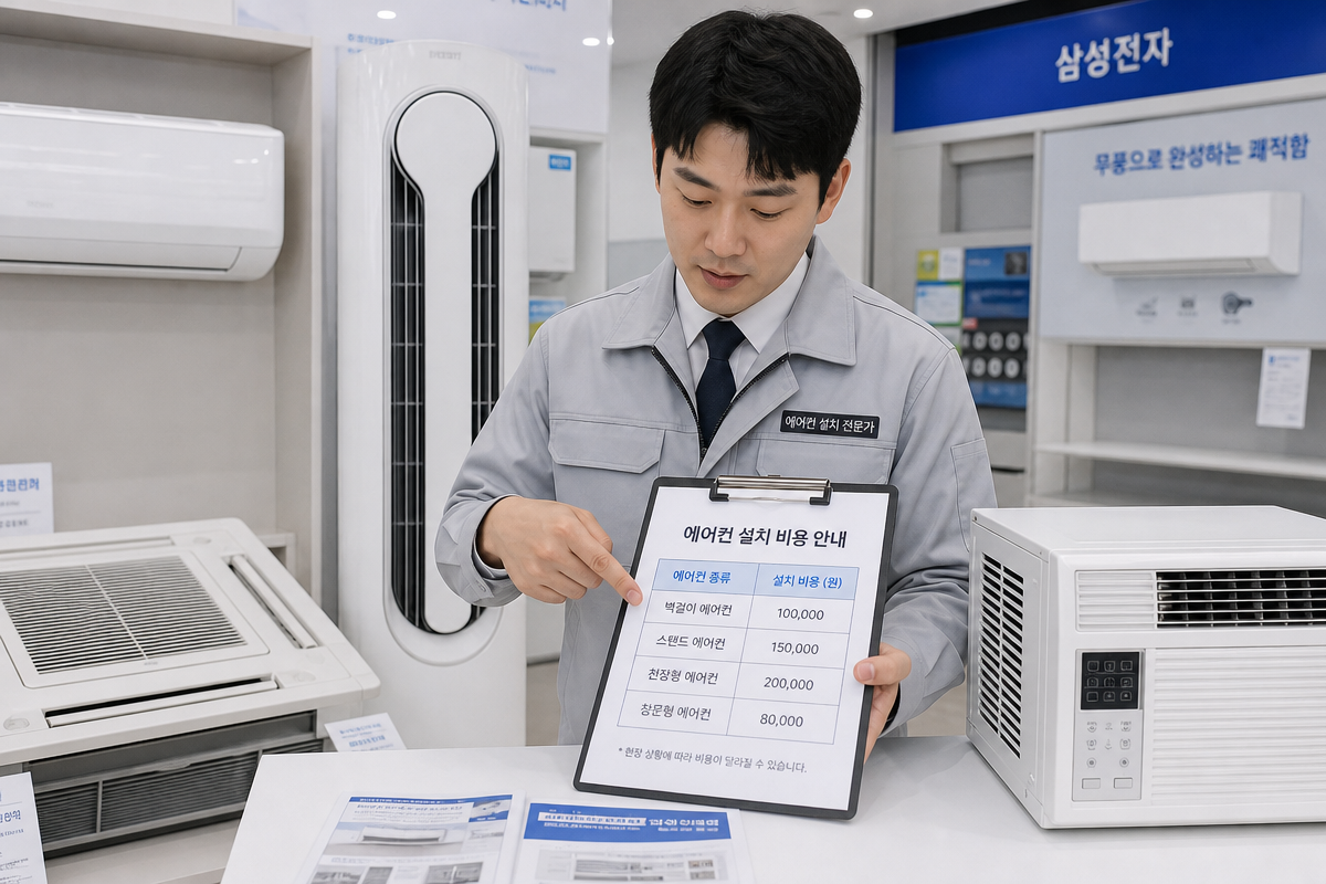 에어컨 설치비용 비교표를 보며 벽걸이형·스탠드형·천장형 제품을 살펴보는 기술자의 모습