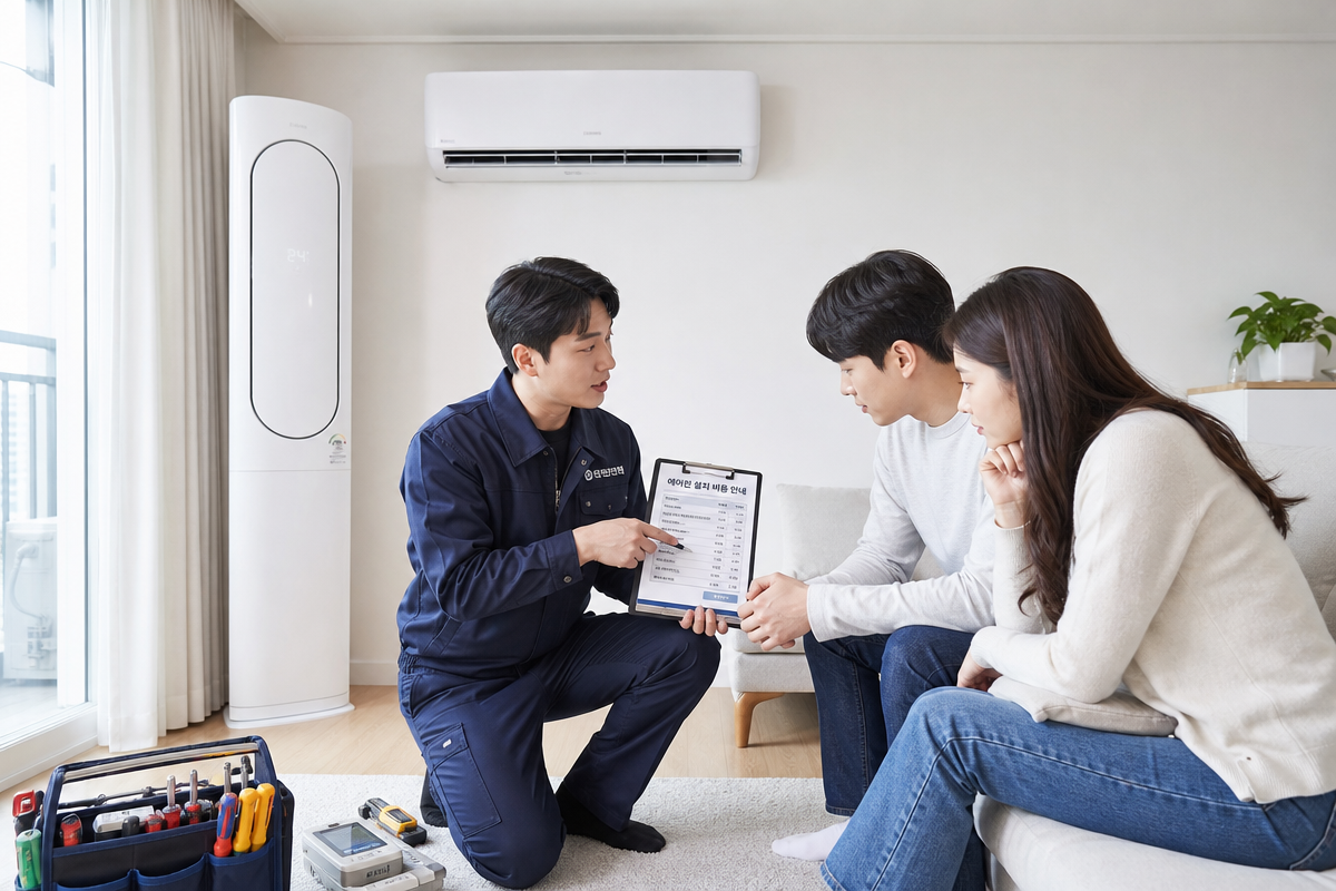 거실에서 설치 기사와 고객이 에어컨설치비 항목을 비교하며 상담하는 모습