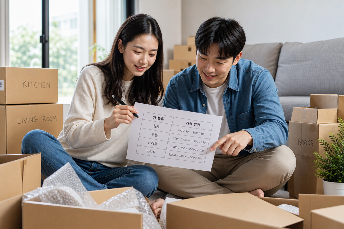 이사 후 거실에서 포장이사비용 평균표를 살펴보는 부부 모습, 상자와 문서가 함께 있는 장면