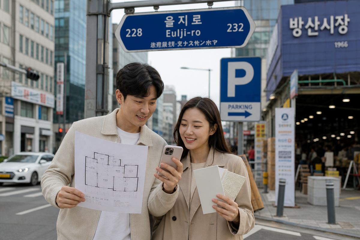 방산시장 도배 방문 전 도면과 벽지 샘플을 준비해 을지로 거리에서 상담 동선을 계획하는 모습