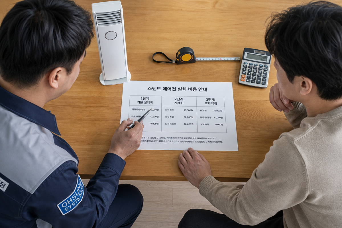 기술자와 고객이 스탠드 에어컨 설치비용 3층 구조 표를 함께 살펴보는 모습