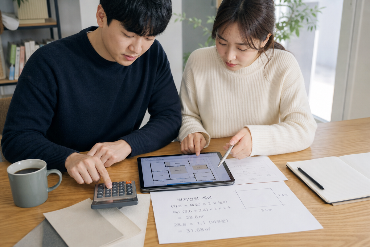 부부가 책상 위 평면도를 보며 도배 견적 계산기를 사용해 도배 평수를 계산하는 모습