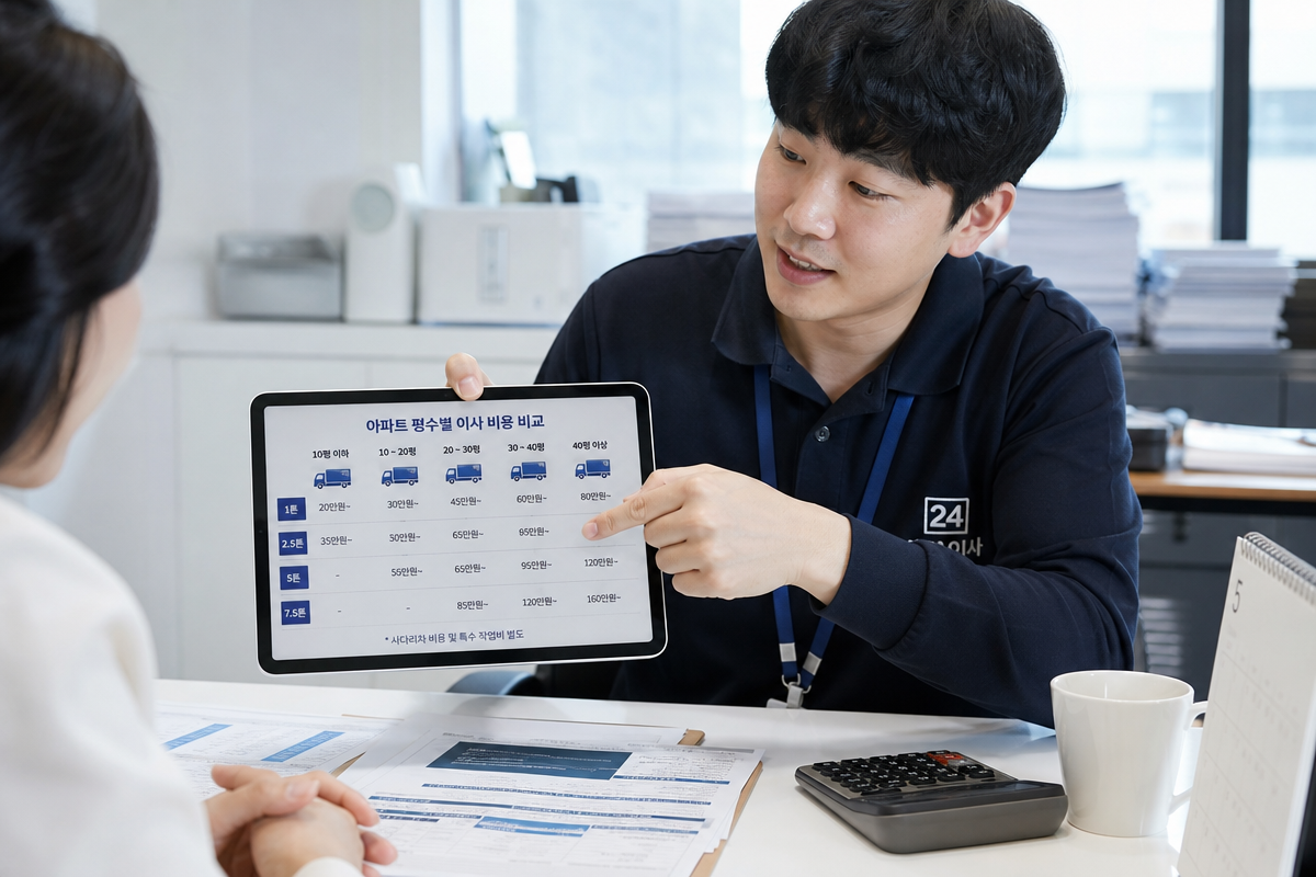 이사 컨설턴트가 평수와 톤수별 시세표를 보여주며 포장이사견적비교 방법을 설명하는 모습