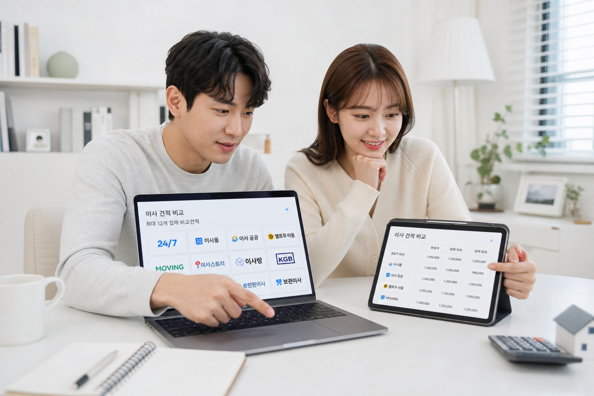 노트북과 태블릿으로 여러 이사견적비교사이트를 비교하며 견적 요청 절차를 살펴보는 장면