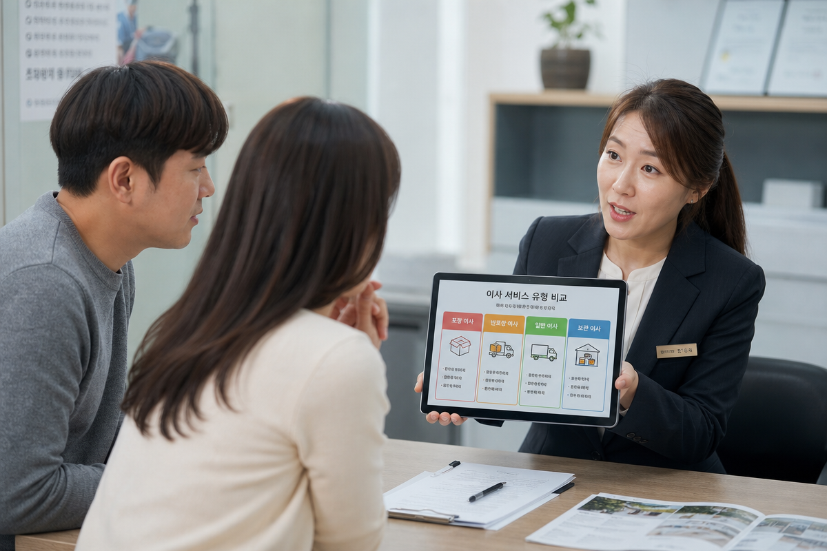 상담원이 포장·반포장·용달 등 이사짐센터 유형 비교표를 보여주며 고객에게 선택 기준을 설명하는 장면